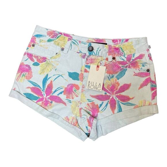 New Billabong Tropical Floral Denim Jean Shorts Size 27 Surfer Beach Hawaiian - Picture 1 of 8